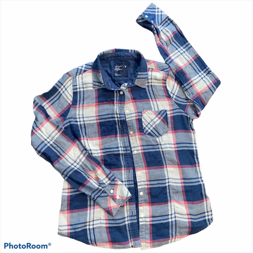AMERICAN EAGLE WOMEN'S BLUE PLAID SHIRT SIZE 14.